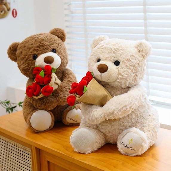 11.81in Cute Teddy Bear Plush Toy with Red Rose, Perfect Valentine's Day Gift for Loved Ones, Adorable Plush Bear Decoration for Home & Office, Soft Plush Bear with Rose for Romantic Gifting, B