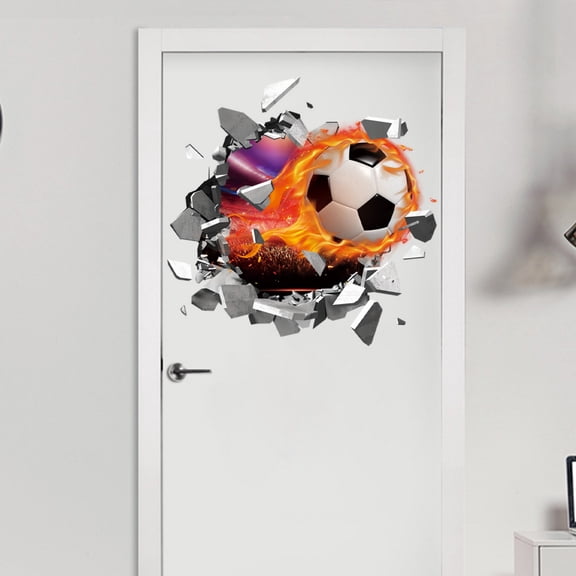 11.81in Flaming Soccer Wall Decal PVC 3D Fire Ball Wall Sticker for Boys Bedroom Game Room Decor, Small Peel and Stick Football Mural Sports Theme