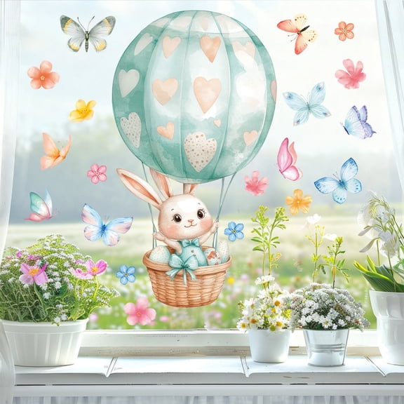 11.81inch Easter Wall Stickers Bunny Egg Window Decals Spring Holiday Decorations Removable Vinyl Wall Art for Kids Room Living Room Party Supplies Self-Adhesive Decor
