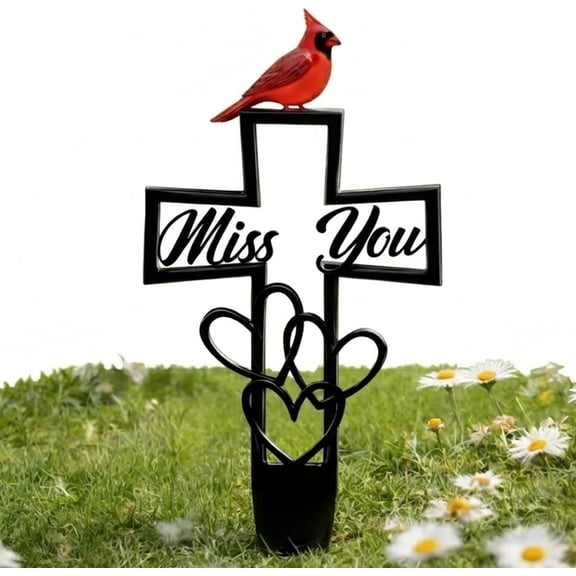 11.82 Inch Cardinal Cross Garden Stake, “Miss You” Memorial Decor with Red Bird Design, Weatherproof Metal Remembrance Stake for Cemetery, Patio & Lawn