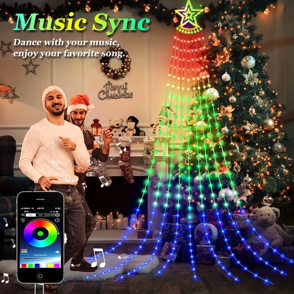 11.8FT Christmas Outdoor Waterfall Star String Lights - 350 LEDs, 210 Modes - Christmas Decorations Star String Light With Remote And APP Control - Ideal For Yard Parties, Home Holiday Decor