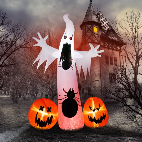 11.8FT Giant Halloween Inflatable, Ghost & Pumpkin Design, LED Lights, Waterproof Polyester, Stakes/Ropes Included for Yard/Party Decoration