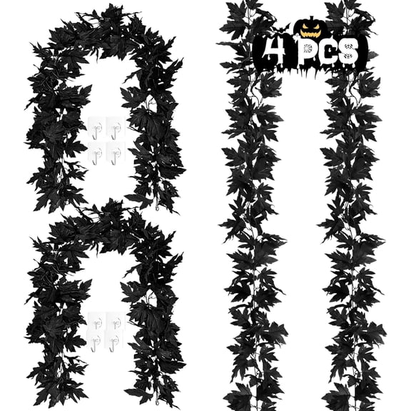 11.8FT Halloween Garland, 2 Pack Black Maple Leaf Garland, Realistic Halloween Hanging Fall Leaves Vines, Artificial Decorations Leaves Garlands Decor Outdoor Indoor Mantel Stair Decor