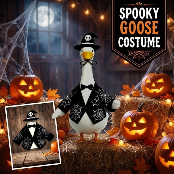 11.8IN Halloween Goose Duck Statue Costume Outfit Black Velvet Cape Witch Spider Web Tuxedo Top Hat Decor Clothes for Large Porch Lawn Goose Figurine Fall Harvest Front Yard Outdoor Farmhouse Decor,C