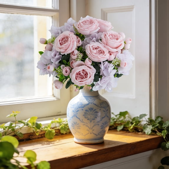 11.8in Artificial Peony & Hydrangea Bouquet - Blush Pink & Lavender Silk Flowers with Greenery,Wedding Bouquets for Bride,Bridesmaid,Table Centerpieces,Home DecorDIY Floral Arrangements