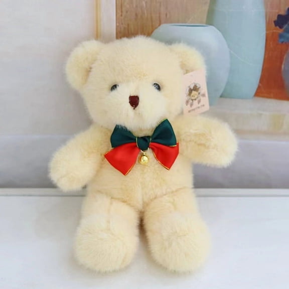 11.8in Bear Shaped Plush Toys, Soft Bedside Sofa Pillows, Used for Home Decoration as Birthday Gifts(Beige Bear Christmas Bow Tie Style)