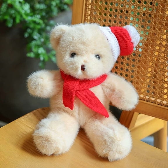 11.8in Bear Shaped Plush Toys, Soft Bedside Sofa Pillows, Used for Home Decoration as Birthday Gifts(Beige Scarf Hat Style)