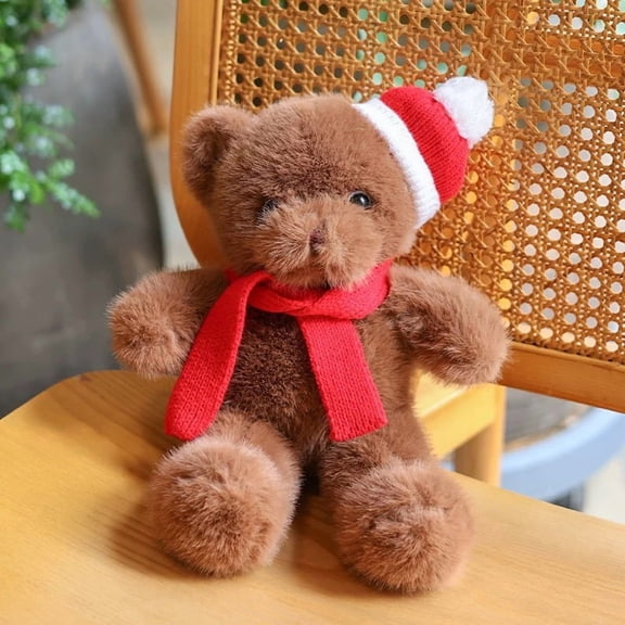 11.8in Bear Shaped Plush Toys, Soft Bedside Sofa Pillows, Used for Home Decoration as Birthday Gifts(Brown Scarf Hat Style)