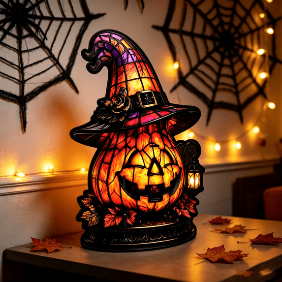 11.8in Halloween Decor Gothic Witch Hat Night Light, Vintage Halloween Acrylic Warm Glow LED Desk Lamp, Wizard Cap Decorative Lighting for Bedroom Bookshelf Shelf Holiday Spooky Season Decor