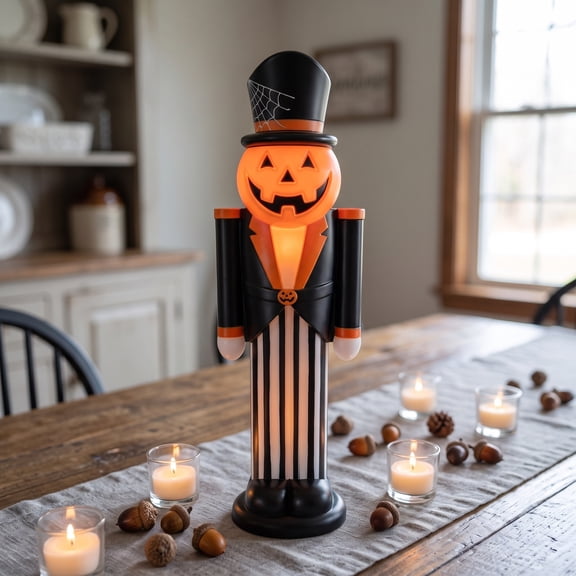 11.8in LED Halloween Nutcracker Blow Mold, Vintage Fall Collectible Figurine, Light Up Jack O Lantern Face Ornament for Café Boutique Window Decoration
