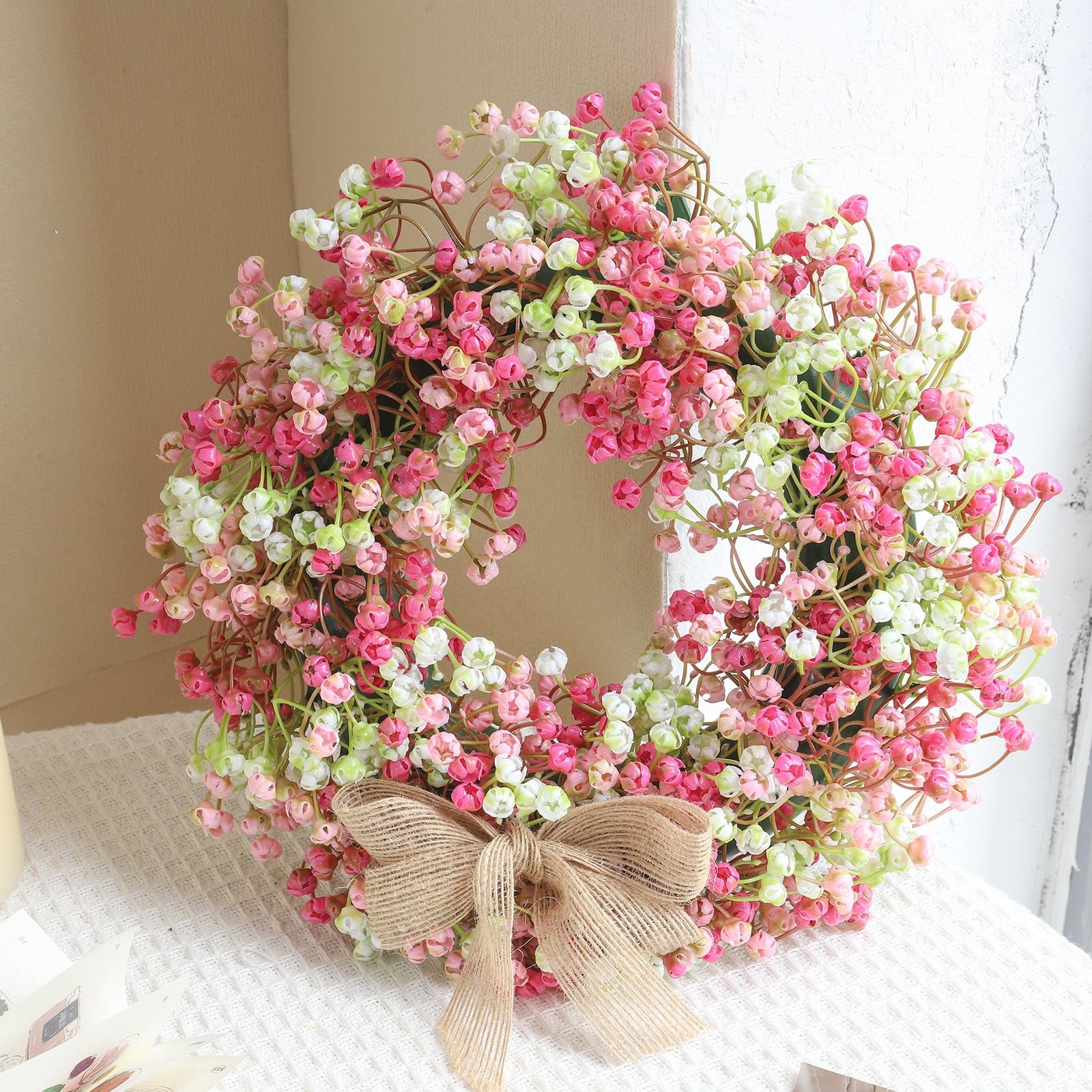 11.8in Pink & White Mini Rose Wreath with Burlap Bow - Artificial ...