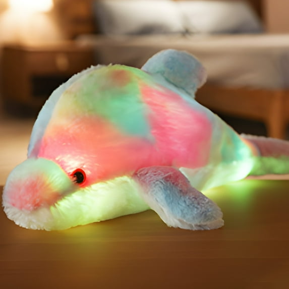 11.8in Sparkling Dolphin Plush Toy, Adorable Luminous Fish Doll with Colorful LED Lights, Soft Stuffed Animal Comfort Pillow for Children Sleeping, Birthday Holiday Gift, Aquarium Souvenir Decoration