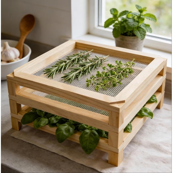 11.8in Square Wooden Desktop Herb Drying Rack - No-Drill Stackable Mesh Drying Rack | Dries Herbs, Flowers, Pasta & Veggies | Apartment Kitchen Countertop Essential Ideal Gift for Home Cooks