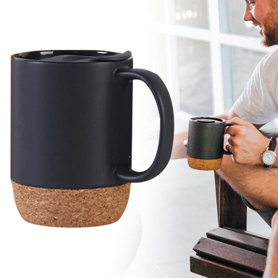 11.8oz Large Ceramic Coffee Mug with Cork Bottom and Spill Proof Lid for Latte Tea Hot Drinks Home Kitchen Dining Use,Coffee Mug,Black,1PC