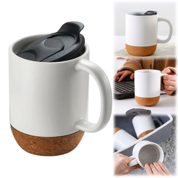 11.8oz Large Ceramic Coffee Mug with Cork Bottom and Spill Proof Lid for Latte Tea Hot Drinks Home Kitchen Dining Use,Coffee Mug,White,1PC