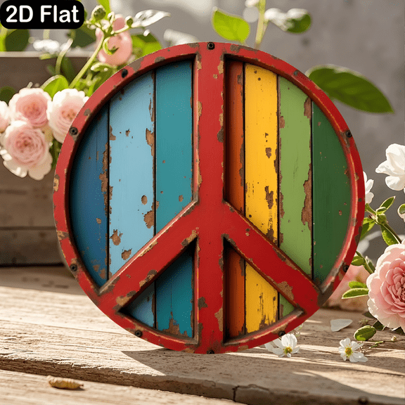 11.8x11.8 Inch Circular Wooden Peace Sign Wall Decor with Distressed Vintage Finish, Colorful Blue Yellow Green Planks and Red Border, Rustic Hippie Anti-War Symbol Home Accent for Living Room or Gar