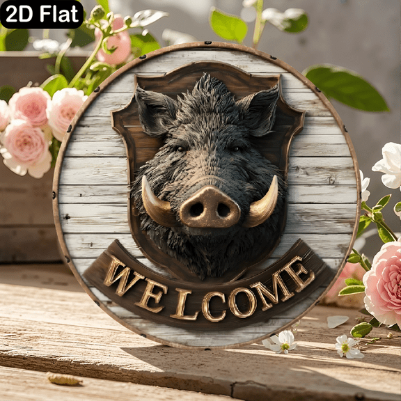 11.8x11.8 Inch Circular Wooden Welcome Sign Featuring 3D Wild Boar Head with Curved Tusks on Weathered Wood Planks and Raised Golden "WELCOME" Text, Rustic Farmhouse Wall Decor with Riveted Brown Bor