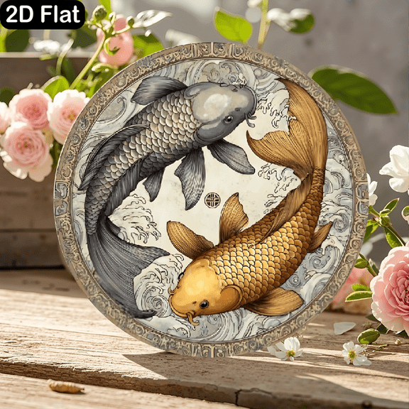 11.8x11.8 Inch Round Wood Sign Featuring Intricate Yin Yang Koi Fish Design with Stylized Waves and Clouds, Traditional East Asian Art Motif with Golden-Orange and Dark Grey Scales, Ornate Geometric