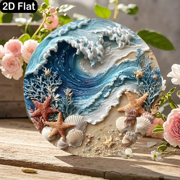 11.8x11.8 Inch Round Wood Sign Wall Art Decor Featuring Detailed Underwater Seascape with Textured Wave, Orange Starfish, Coral, and Seashells on Black Background for Home Nautical Theme