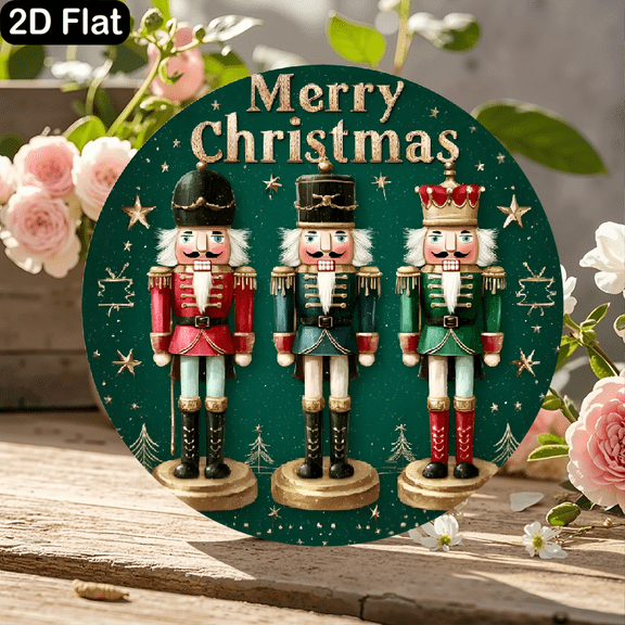 11.8x11.8 Inch Round Wooden Christmas Sign with Festive Nutcracker Soldiers Design, Merry Gold Script on Dark Green Background, Traditional Holiday Decor for Home, Door, or Wall