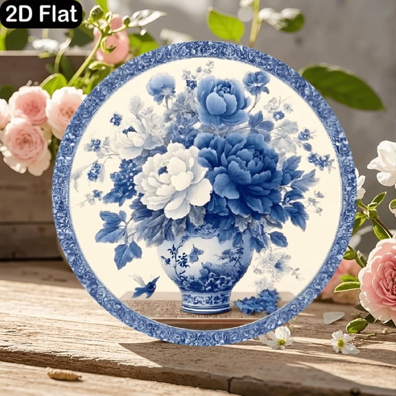 11.8x11.8 Inch Round Wooden Sign with Classic Blue and White Floral Vase Design, Featuring Ornate Peonies, Delicate Bird, and Delftware-Style Swirling Border for Rustic Home Wall Decor