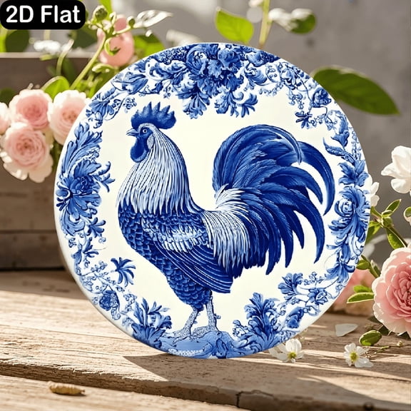 11.8x11.8 Inch Round Wooden Sign with Classic Blue and White Rooster Motif, Ornate Floral Border Delftware Style Wall Decor for Farmhouse Kitchen or Garden