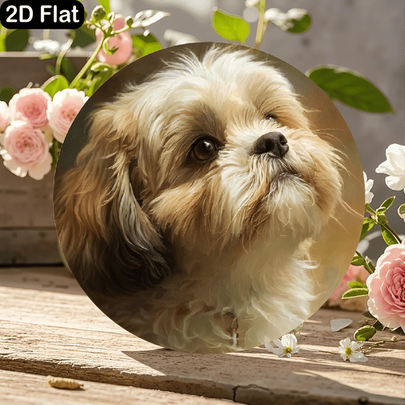 11.8x11.8 Inch Round Wooden Sign Featuring Adorable Fluffy Light Brown and Cream Dog with Expressive Dark Eyes, Gentle Curious Expression, Soft Wavy Ears, and Warm Painterly Background – Perfect Home