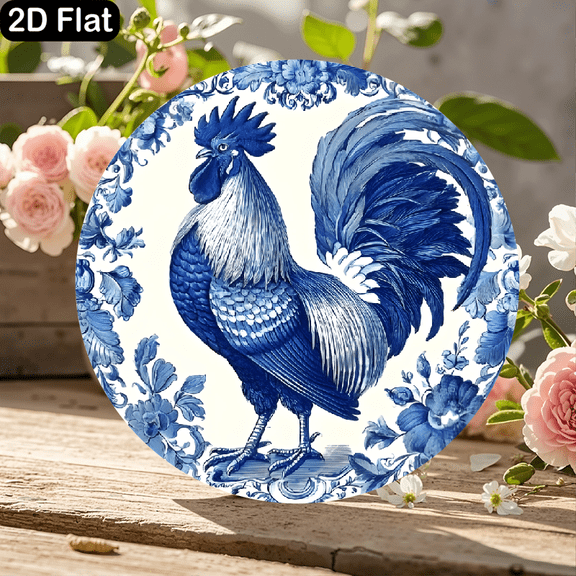 11.8x11.8 Inch Round Wooden Sign Featuring Blue Delftware Style Rooster with Ornate Floral Border, Classic Blue and White Porcelain Design for Home Wall Decor