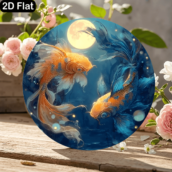 11.8x11.8 Inch Round Wooden Sign Featuring Elegant Koi Fish Dance Under Moonlight, Deep Blue Underwater Scene with Bioluminescent Plankton and Seaweed Silhouettes, Serene Dreamlike Wall Decor for Hom