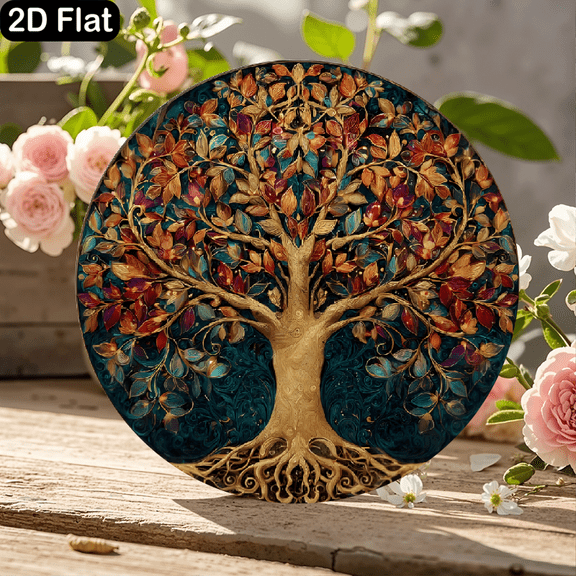 11.8x11.8 Inch Round Wooden Sign Featuring Intricate Mandala Tree Design with Golden Trunk, Autumnal Orange and Red Leaves Mixed with Teal Blue Foliage, Ornate Swirling Roots and Dark Blue Filigree B
