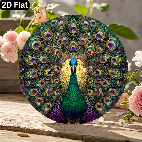 11.8x11.8 Inch Round Wooden Sign Featuring Psychedelic Peacock Mandala with Emerald Green and Deep Blue Feathers, Vibrant Turquoise Face, and Kaleidoscopic Purple Gold Teal Ocelli Patterns – Ornament