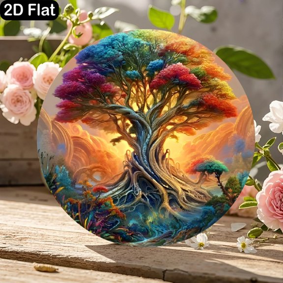 11.8x11.8 Inch Round Wooden Sign Featuring Vibrant Fantasy Ancient Tree with Multicolored Leaves, Magical Sunset Background, and Dreamlike Swirling Clouds – Indoor Wall Decor for Home, Garden, or Off