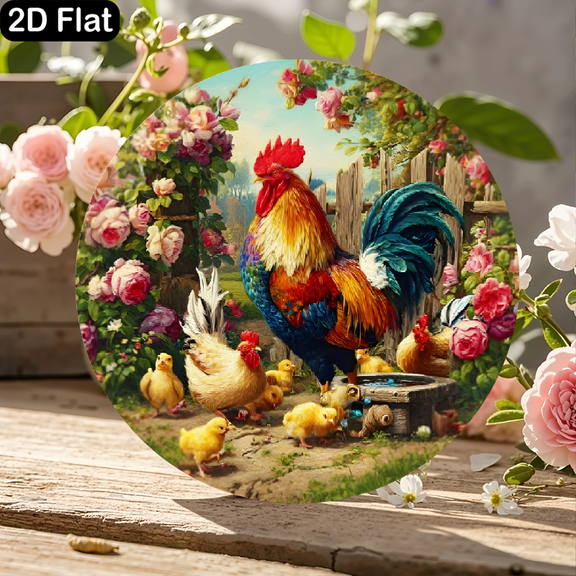 11.8x11.8 Inch Round Wooden Sign Featuring Vibrant Majestic Rooster and Farmyard Scene with Hens, Chicks, Climbing Roses, Rustic Fence, and Sunlit Garden Pastoral Charm Wall Decor for Home Kitchen Pa