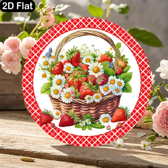 11.8x11.8 Inch Round Wooden Sign Featuring Vintage Wicker Basket of Red Strawberries and White Daisies with Gingham Border, Charming Folk Art Picnic Wall Decor for Kitchen, Home, or Outdoor Garden Di