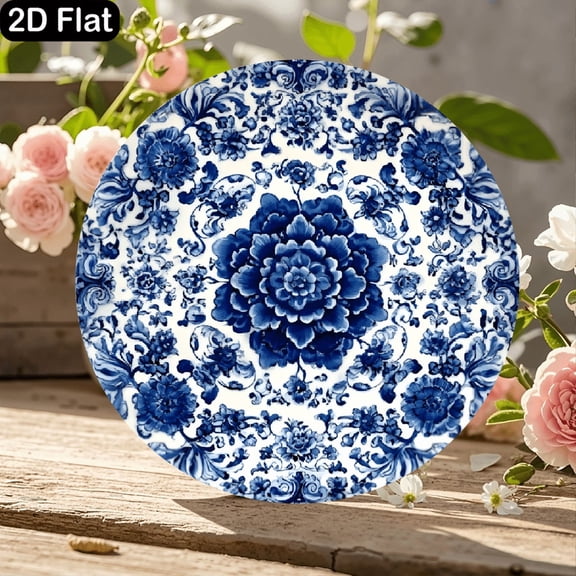 11.8x11.8 Inch Round Wooden Sign with Intricate Blue and White Floral Pattern, Elegant Delftware Style Peony Design, Decorative Home Wall Art for Kitchen Living Room