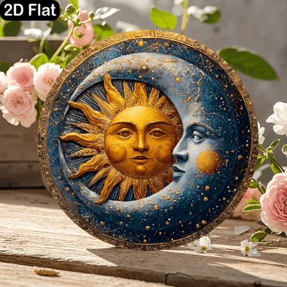 11.8x11.8 Inch Round Wooden Sign, Ornate Celestial Sun and Moon Artwork with Anthropomorphic Faces on Deep Indigo Starry Night Background, Intricate Gold Filigree Border with Floral Motifs, Mythologi