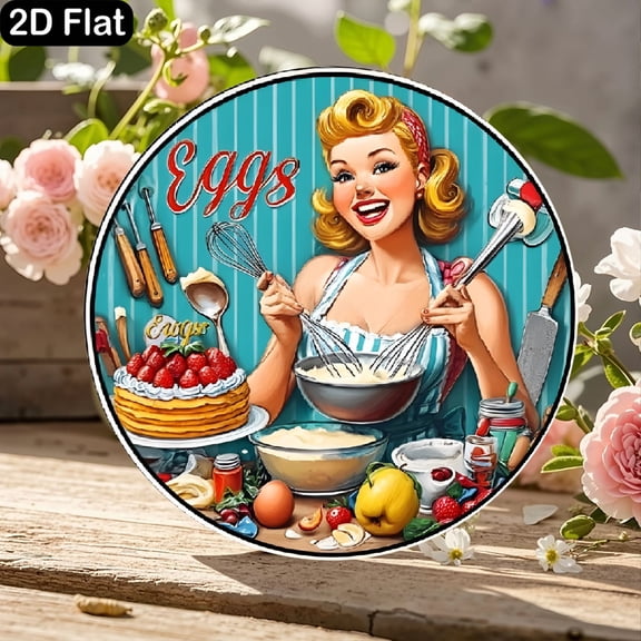 11.8x11.8 Inch Round Wooden Sign, Vintage 1950s Kitchen Art Featuring Cheerful Blonde Woman with Whisks and "Eggs" Text, Retro Diner Style Wall Decor for Home Cooking Enthusiasts