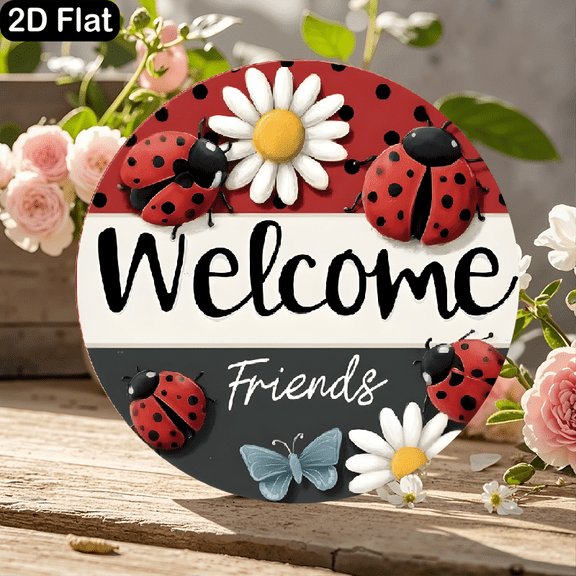 11.8x11.8 Inch Round Wooden Sign Welcome Friends with Ladybugs and Daisies, Red Polka Dot Top and Charcoal Bottom, Cute Home Decor Wall Art for Entryway Living Room Kitchen, Nature Inspired Greeting