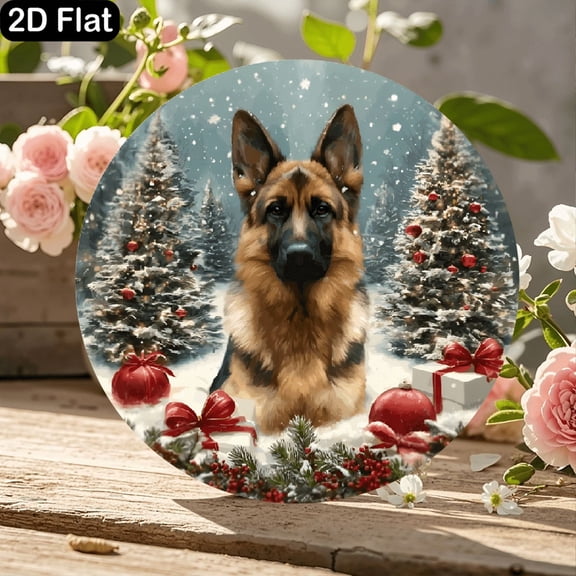 11.8x11.8 Inch Round Wooden Sign featuring Majestic German Shepherd in Festive Winter Snow Scene with Christmas Trees, Red Baubles, Gifts and Pine Berries - Perfect Holiday Decor for Door or Wall