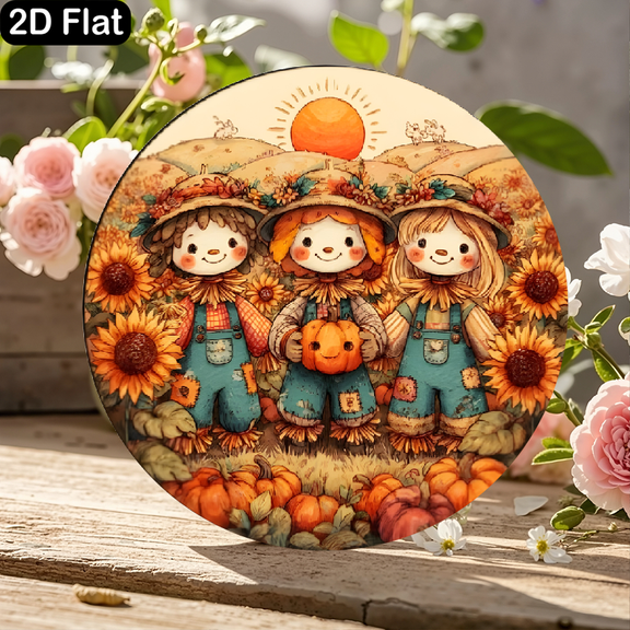 11.8x11.8 Inch Round Wooden Sign featuring Whimsical Autumn Scarecrow Trio in Sunflower Field with Pumpkins and Rolling Hills, Cozy Harvest Wall Decor for Home, Farmhouse, or Porch