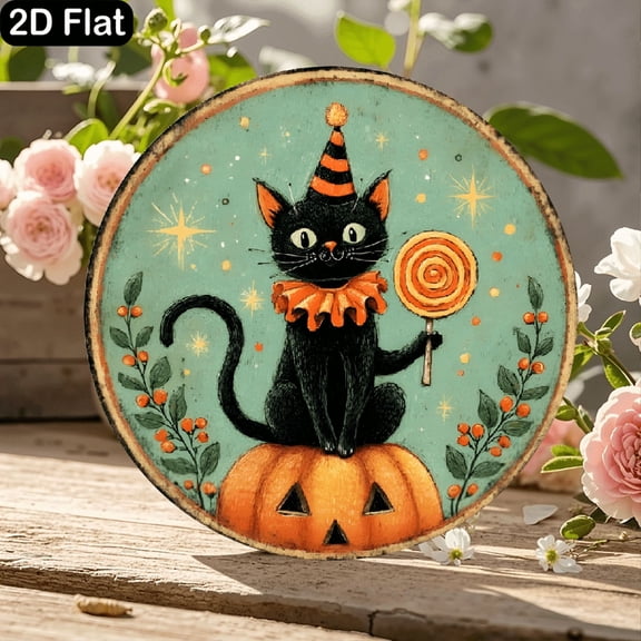 11.8x11.8 Inch Round Wooden Sign featuring Whimsical Vintage Halloween Cat in Party Hat Sitting on Jack-O'-Lantern with Lollipop and Berries, Rustic Autumn Home Decor Wall Art for Indoor Outdoor Use