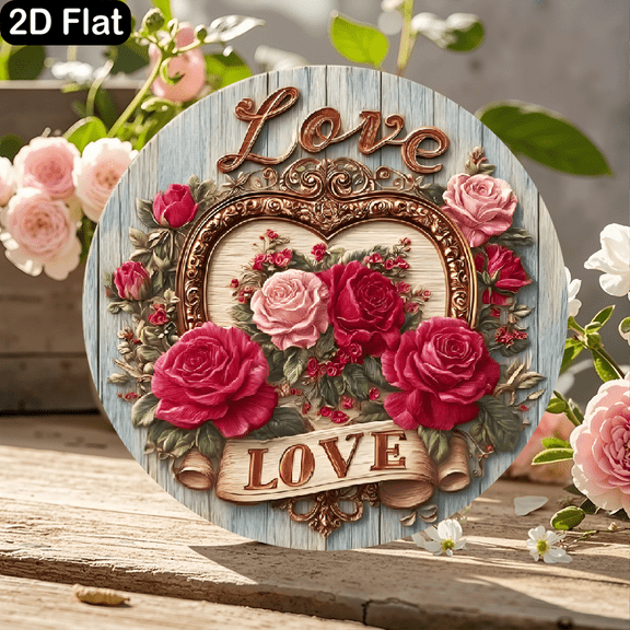 11.8x11.8 Inch Round Wooden Wall Decor Sign with Vintage Shabby Chic Design, Featuring Raised Copper "Love" Script, Ornate Gold Heart Frame with Pink and Red Roses, Greenery, Berries, and Bottom "LOV