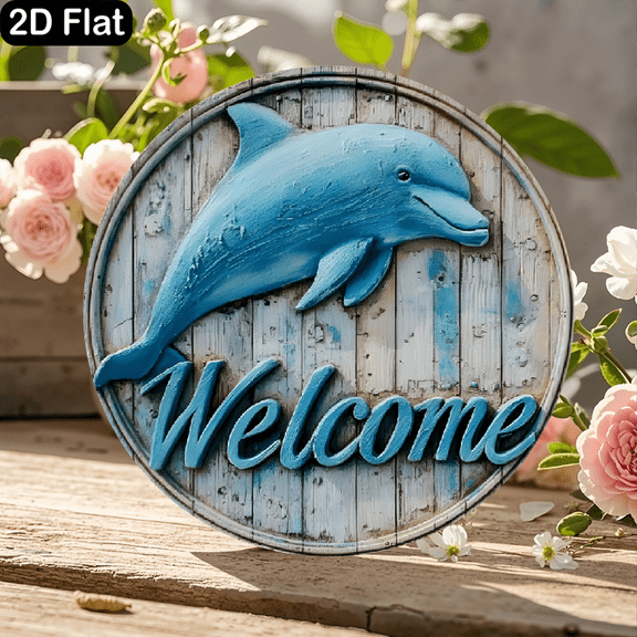 11.8x11.8 Inch Round Wooden Welcome Sign with 3D Blue Dolphin Relief Carving, Nautical Themed Weathered Plank Wall Decor for Beach House, Boat, or Outdoor Patio