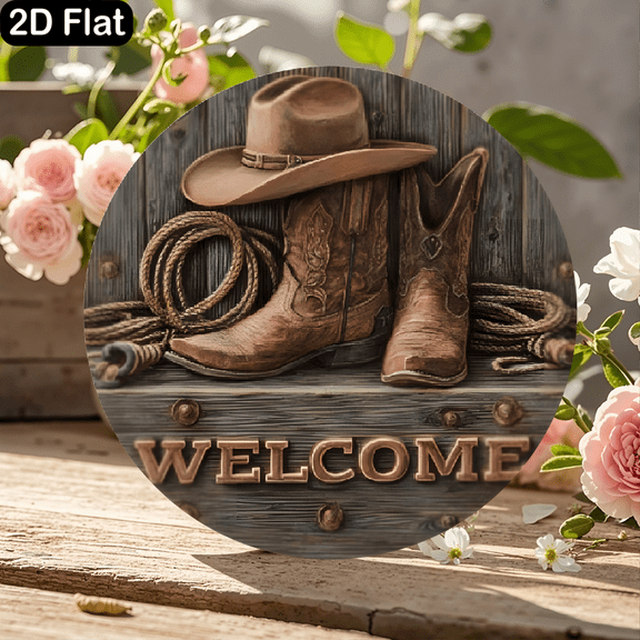 11.8x11.8 Inch Round Wooden Welcome Sign with Rustic Western Theme Featuring Brown Cowboy Hat, Tooled Leather Boots, and Braided Rope Lasso – Vintage Handcrafted Country Saloon Decor for Farmhouse En