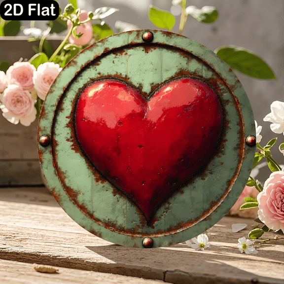 11.8x11.8 Inch Vintage Steampunk Heart Emblem Wall Decor, Round Wooden Sign with Faded Mint Green Metal Frame, Rust-Stained Rivets, Deep Red 3D Heart Center, Industrial Post-Apocalyptic Aesthetic for