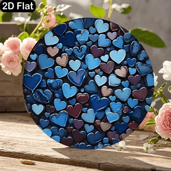 11.8x11.8 Inches Round Wooden Sign with Impressionistic Blue and Pink Heart Pattern, Vibrant Textured Brushstroke Design on Dark Background, Romantic Wall Decor for Home, Living Room, Bedroom, Valent
