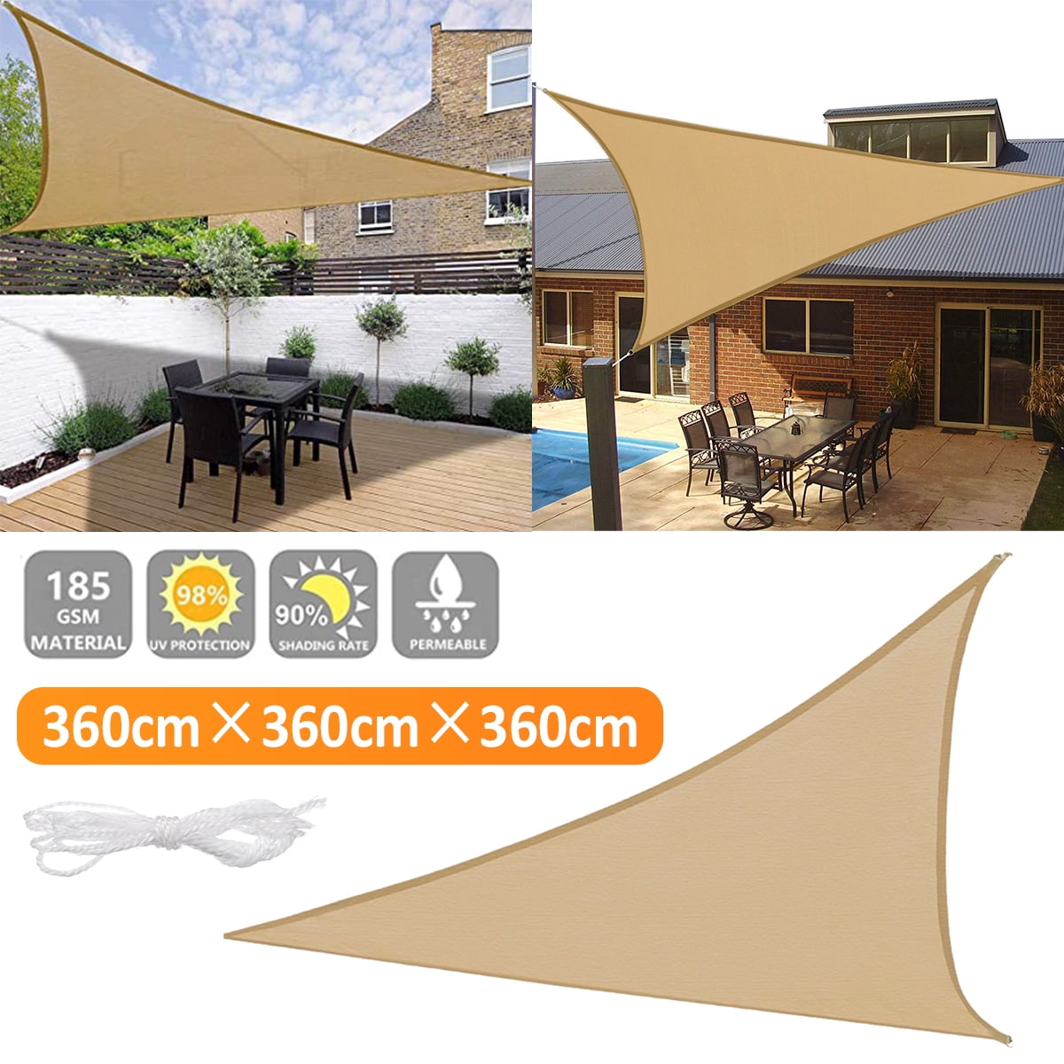 11.8x11.8x11.8ft Sun Shade Sail,Triangle 95% UV Block Canopy