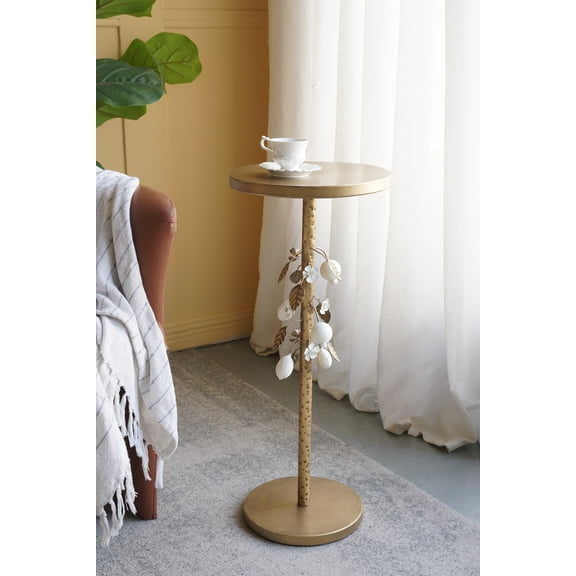11.8x11.8x28.3" Round Iron Side Table with Gold and White Floral Accents and Cement Base