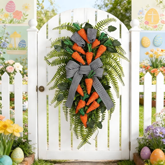 11.8x19.6inch Easter Spring Wreaths for Front Door, Funny Easter Decorations, Artificial Spring Carrots Shaped Wreath with Realistic Green Leaves and Bow for Wall Window Party Decor