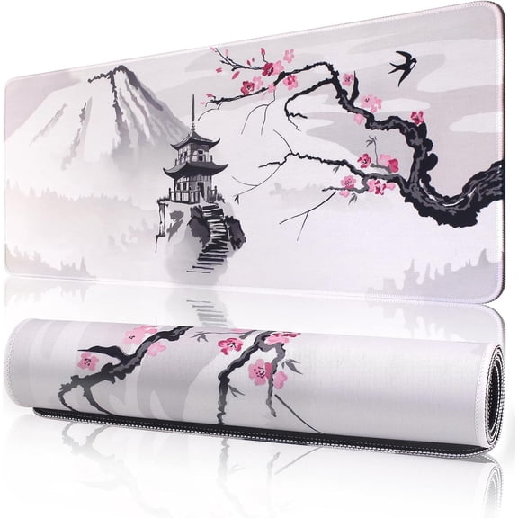 11.8x31.5 Inches Large Gaming Mouse Pad Mat with Stitched Edge Non-Slip Rubber Base Washable Resilient for Office Computers Laptop Table Mouse Pads Mats Accessory (Temple-White, X-Large)